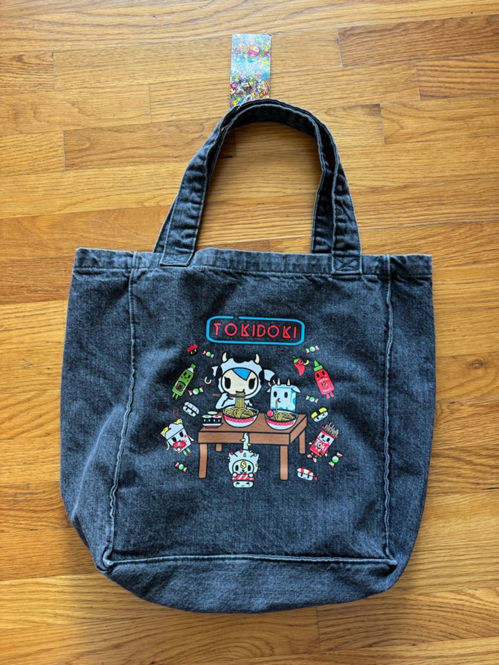 tokidoki Black Denim Tote with Multicolor Character Print NWT Ramen 🍜 Unicorn 🦄